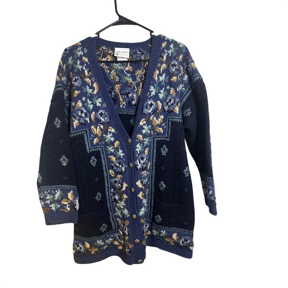 Laura Ashley Sweaters - Laura Ashley Vintage 100% Pure New Wool Floral Cardigan Navy Blue Medium